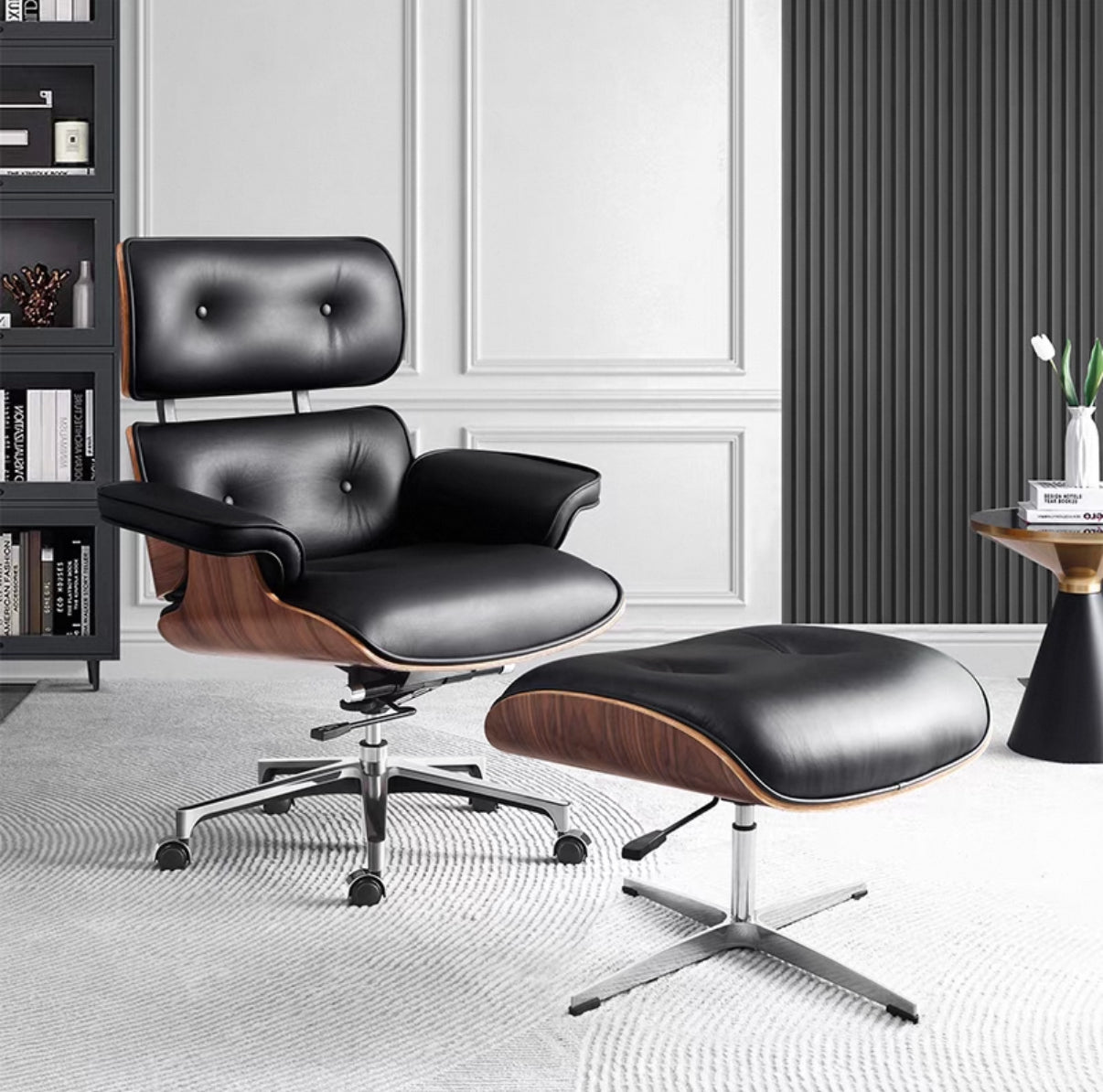 Office Chair With Ottoman, Walnut Wood, Black/White
