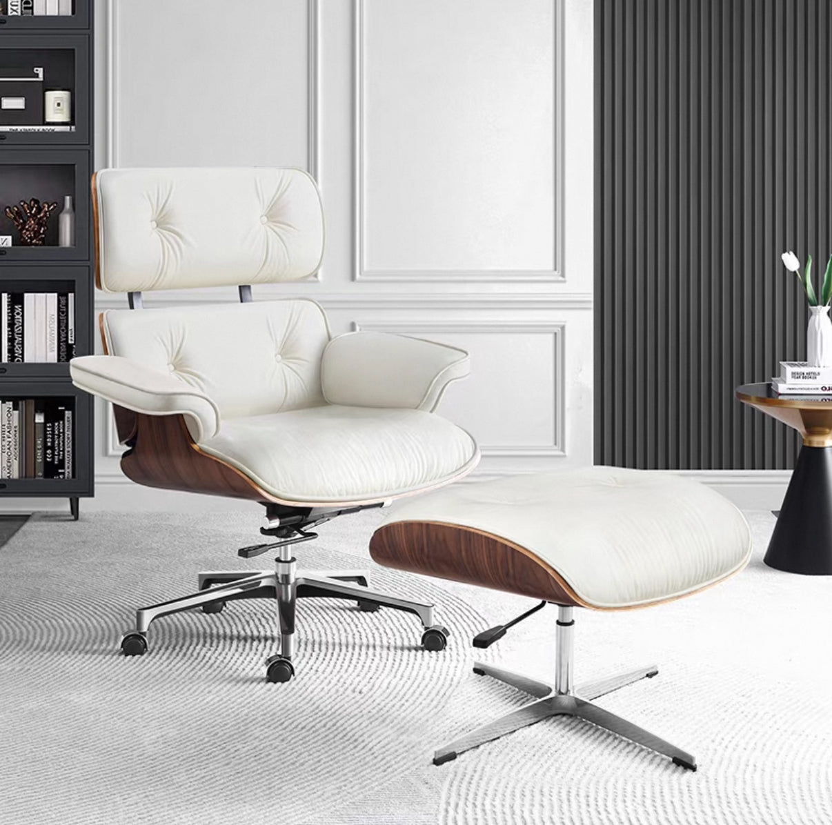 Office Chair With Ottoman, Walnut Wood, Black/White