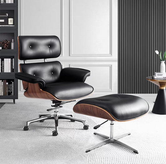 Office Chair With Ottoman, Walnut Wood, Black/White